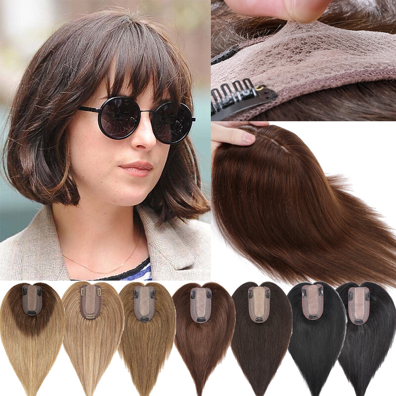150% Density Short Real Hair Topper Silk Base Human Hair Top Hairpiece Clip In