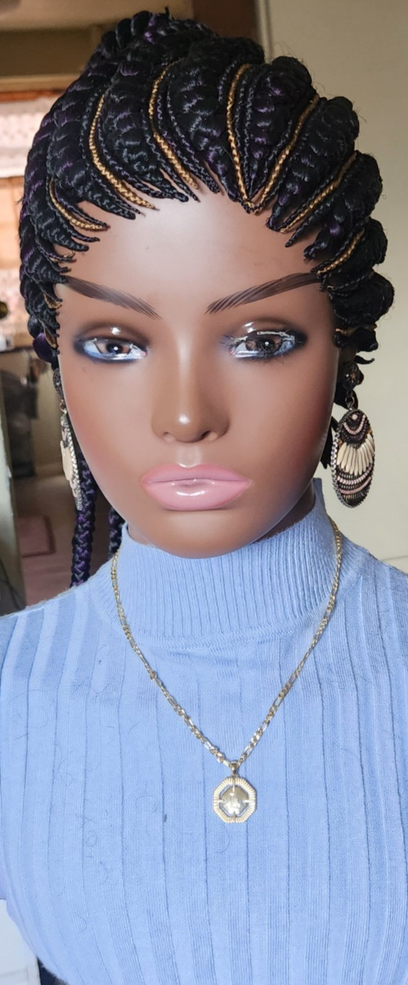 Fully Hand Braided box braid cornrow wig poney tail libre 1B mixt Dark purple/27