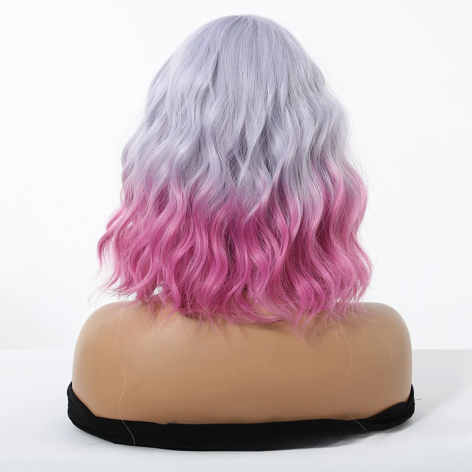 Cosplay Wig Pink Hightlights Wigs with Bangs Short Wavy Bob Wig for Women Girls