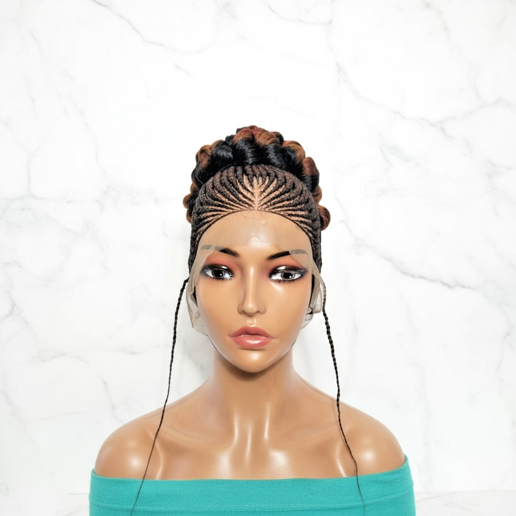 Braided Wig Cornrow with Jumbo Twist Braids Puff Knots. Full Lace with Baby Hair
