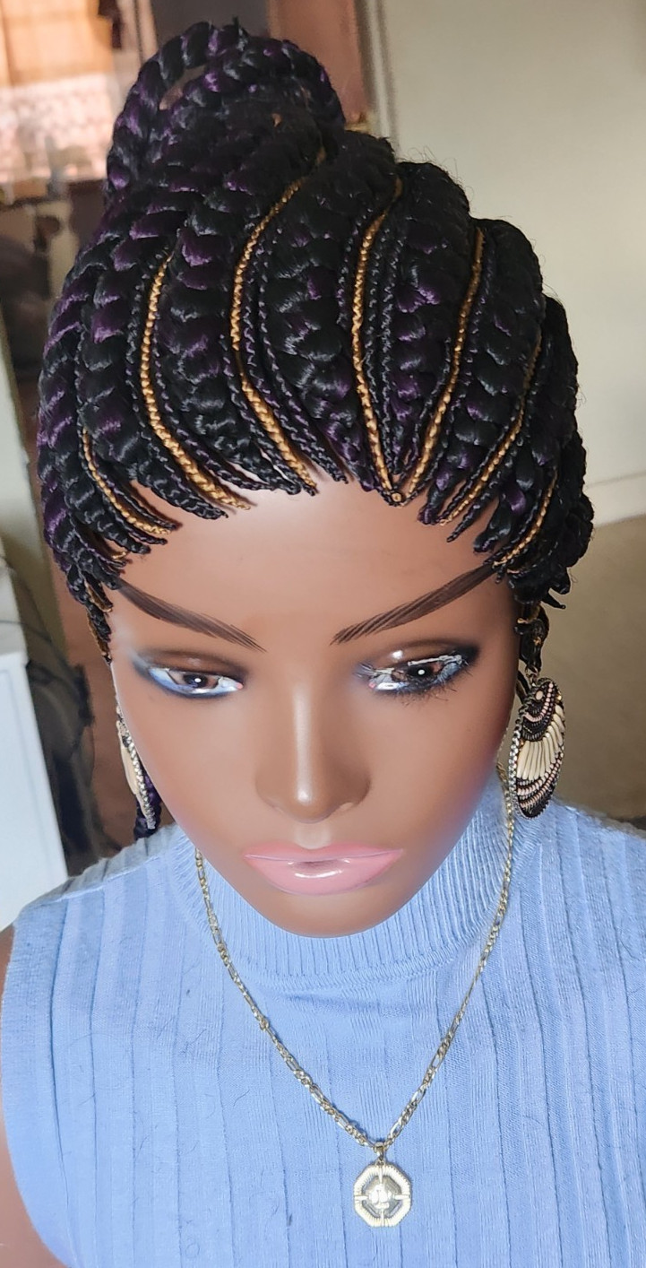 Fully Hand Braided box braid cornrow wig poney tail libre 1B mixt Dark purple/27