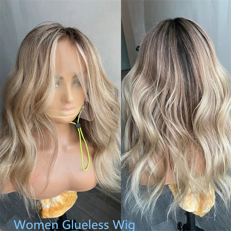 Ash Brown Platinum Blonde Ombre Lace Front Wigs Natural Wave Remy Human Hair Wig
