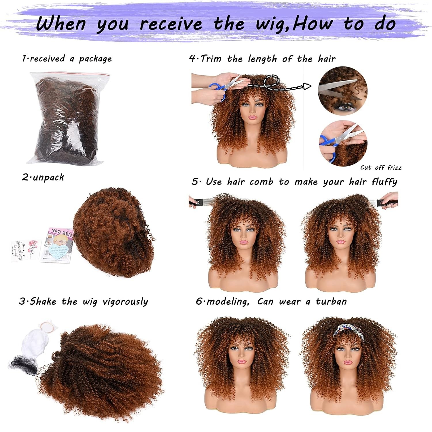 16-Inch Glueless Afro Curly Wig with Bangs – Black to Brown Heat-Resistant Style