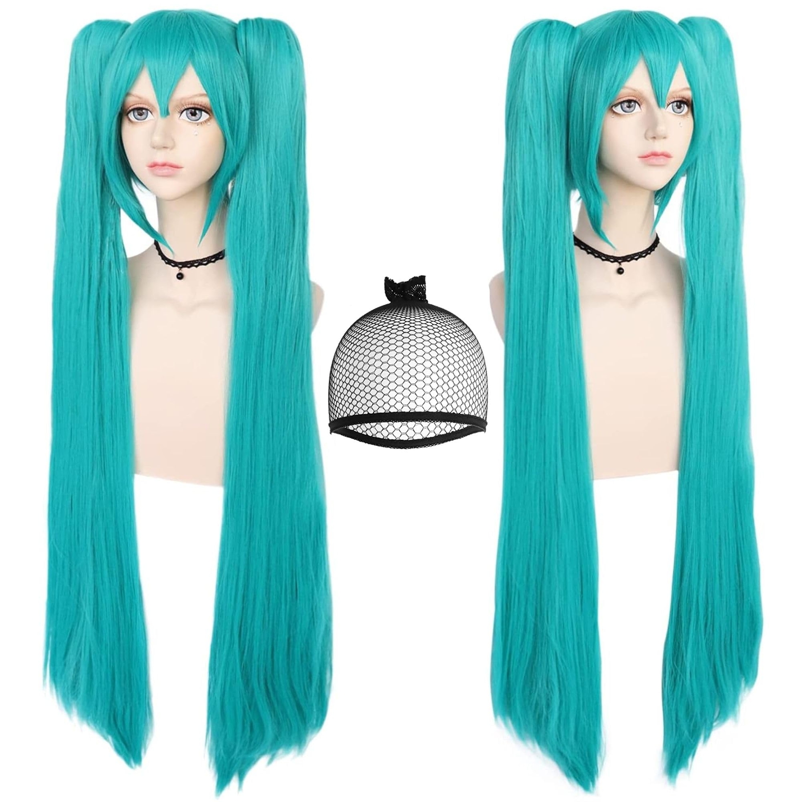 Hair Cap+48inch/120cm Green Wig Cosplay Green Teal wig Double Ponytail Wig Lo…