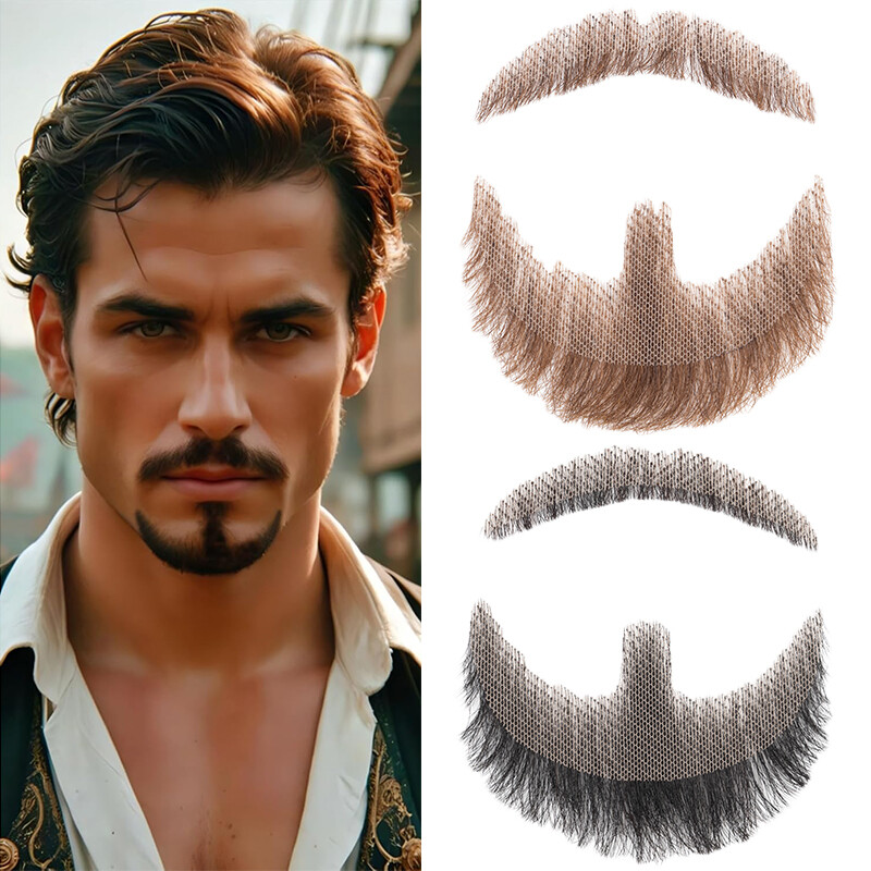 100% Remy Human Hair Fake Beard Full Hand Tied Goatee False Beards Lace Mustache