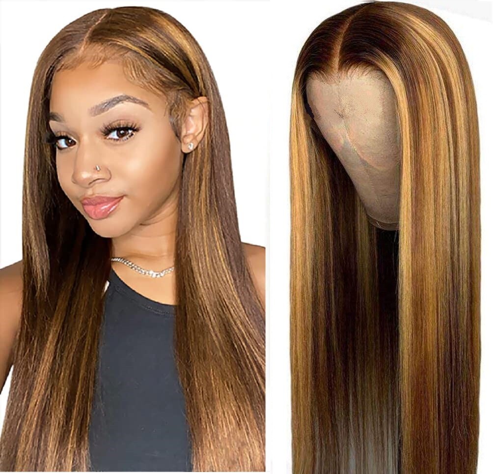 Highlight Brazilian Wig Straight Human Hair Full Wigs Ombre Brown Honey Blonde