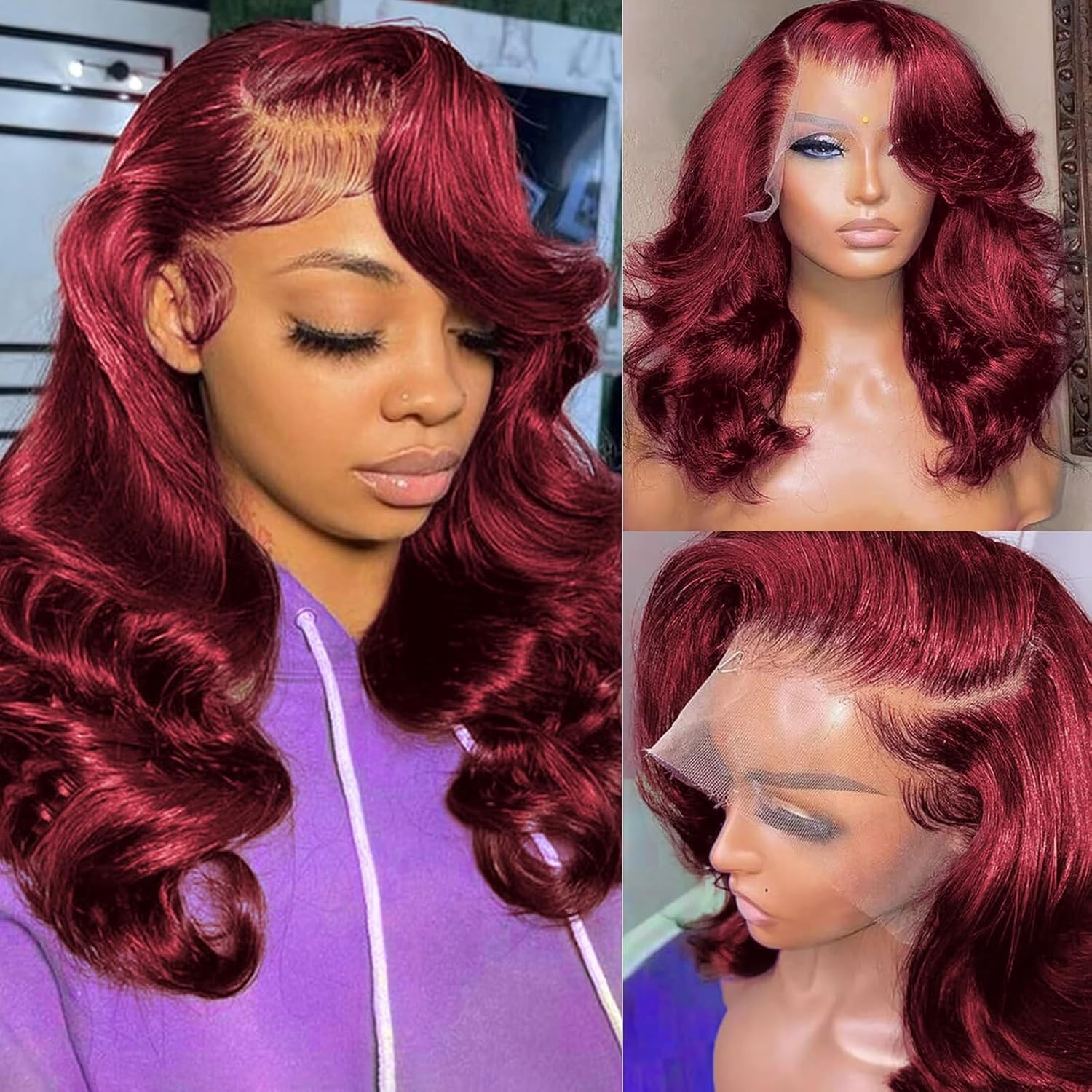 Dolly Pretty 18 Inch 13X6 99J Burgundy Wig Human Hair 200 Density Hd Body Wave