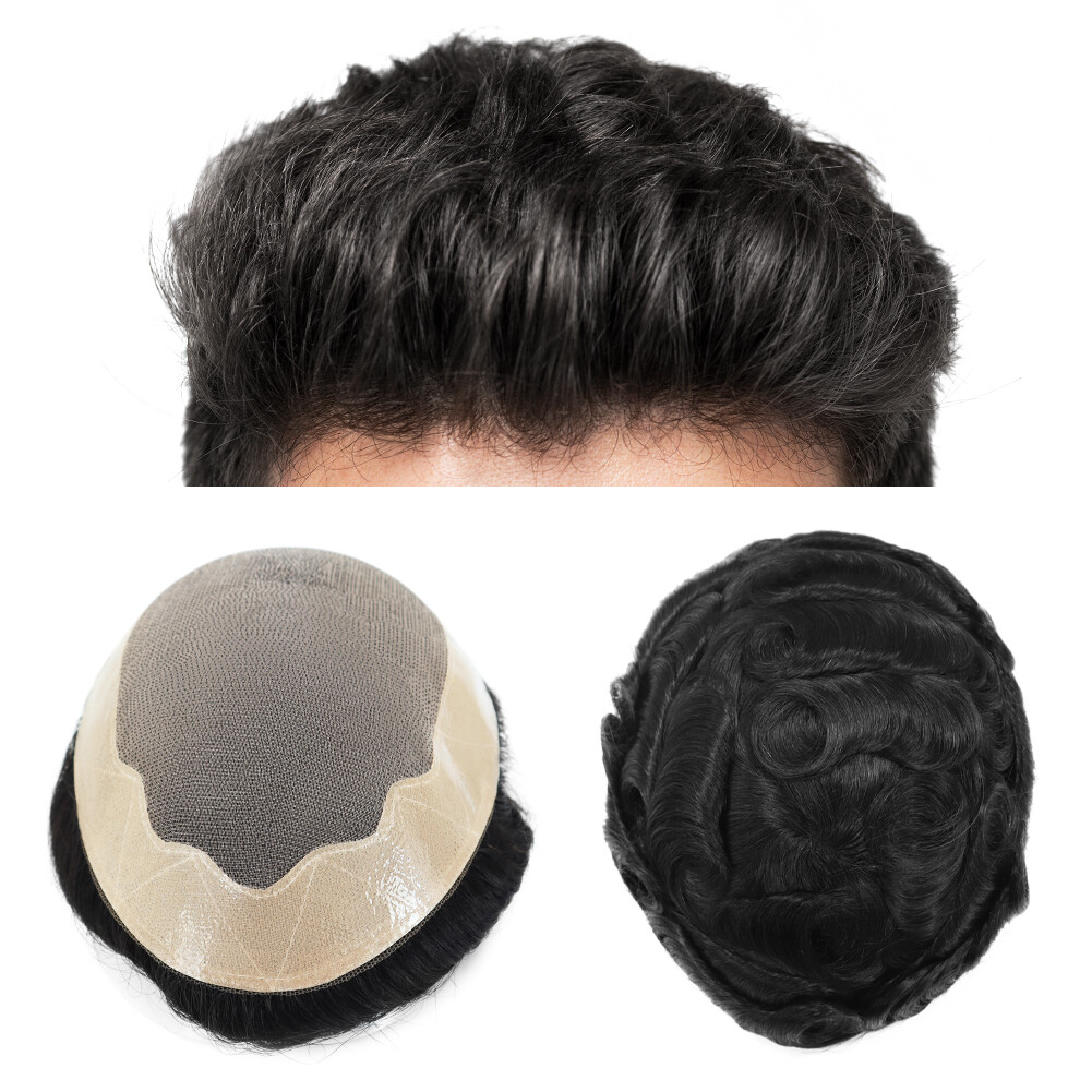 Mens Human Hair Replacement System Durable Hairpiece Fine Mono Poly Skin Toupee