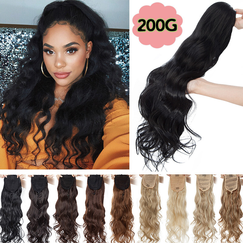 Synthetic Long Drawstring Clip in Ponytail Hair Extensions Natural Curly Wavy US