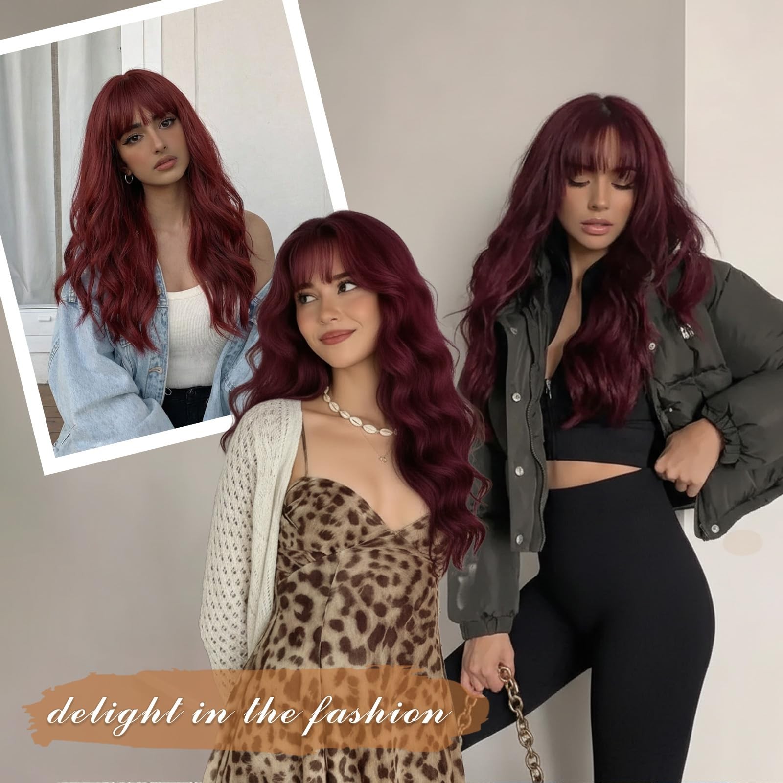 Burgundy Wig for Women, Long Red Wavy Wig with Bangs 26 Inch Wigs Natural Loo…