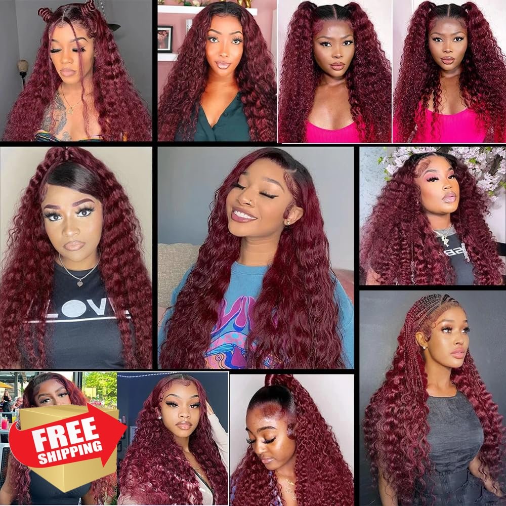 1B99J Burgundy Deep Wave Human Hair Bundles 10-14 Inch Black Red