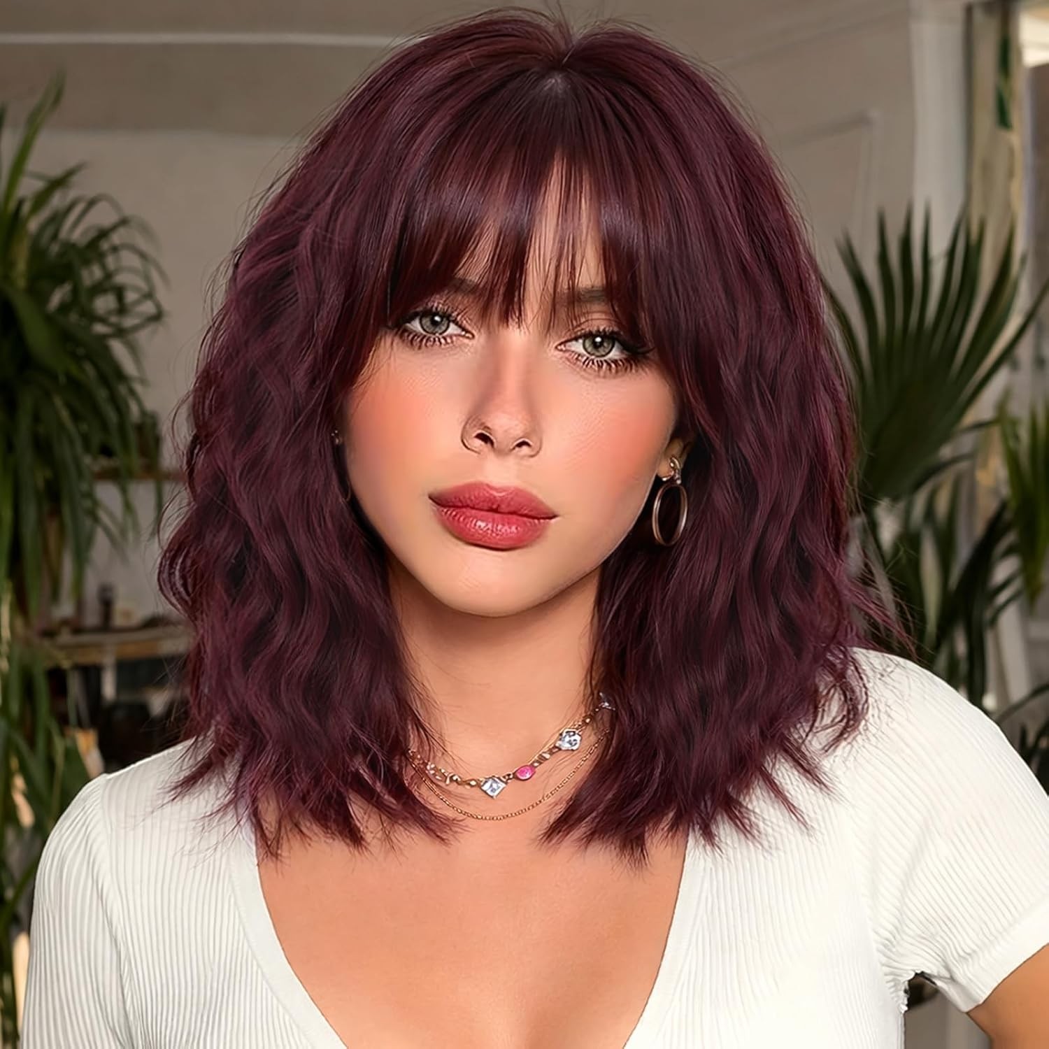 14inch Short Wavy Curly Bob Wig with Bangs Synthetic Hair for Women Black Brown