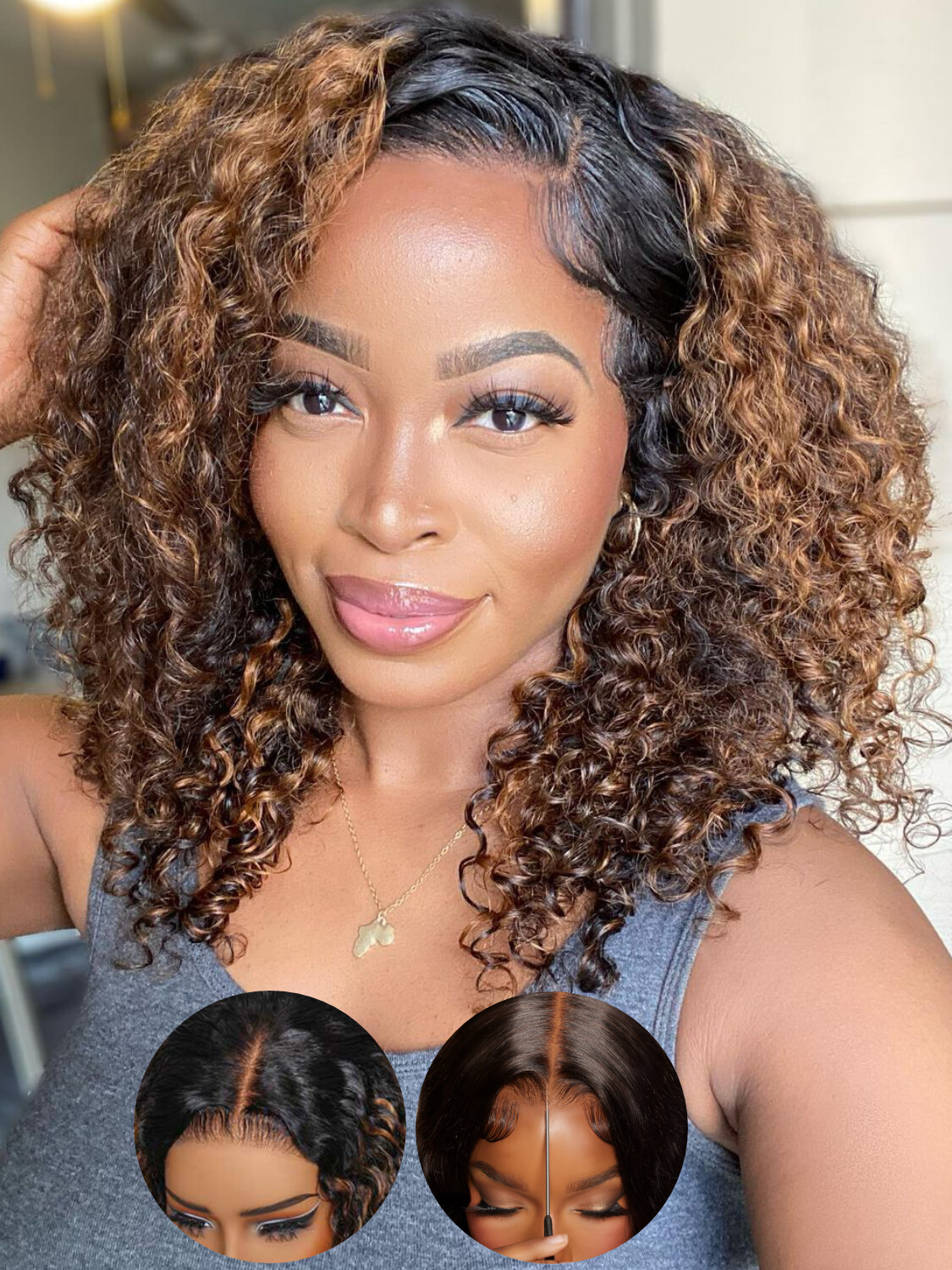 UNice Cambodian Ombre Brown Curly Bye Bye Knots Precut Lace Front Wig Human Hair