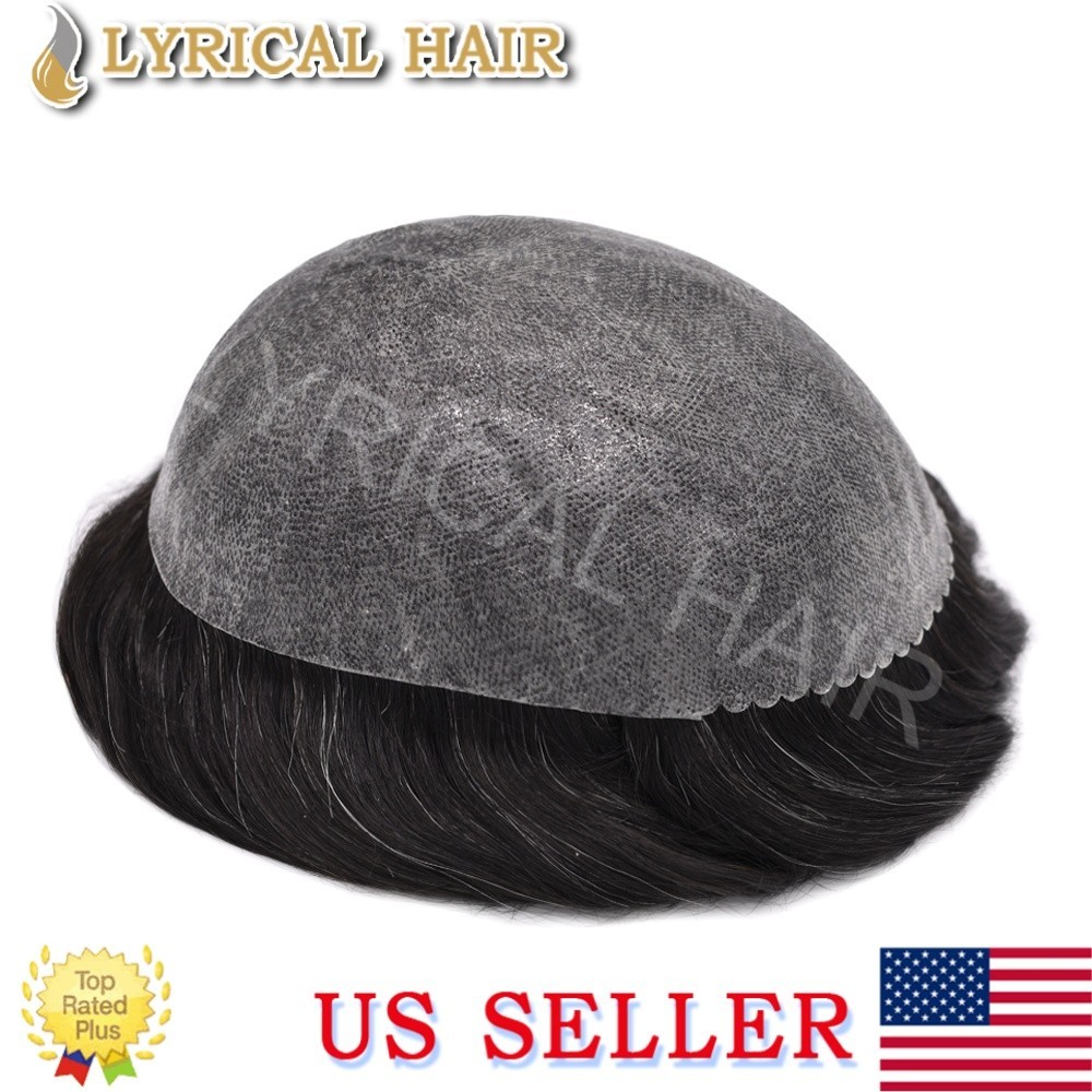 Mens Toupee Hairpiece All Poly Human Hair Replacement System Skin PU Wig For Men