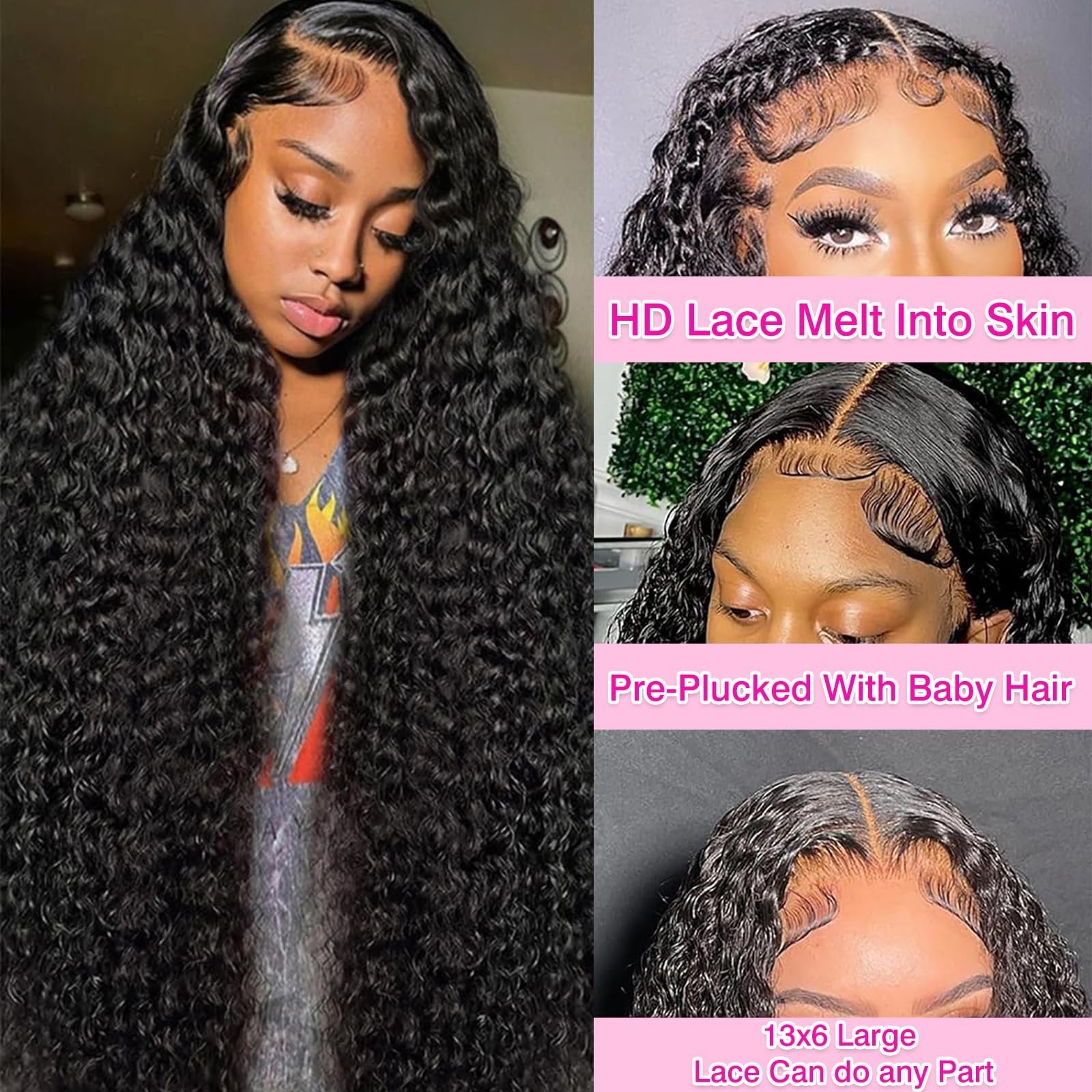28 Inch Deep Wave Lace Front Wig, 180% Density Wet & Wavy Curly Human Hair, Pre-