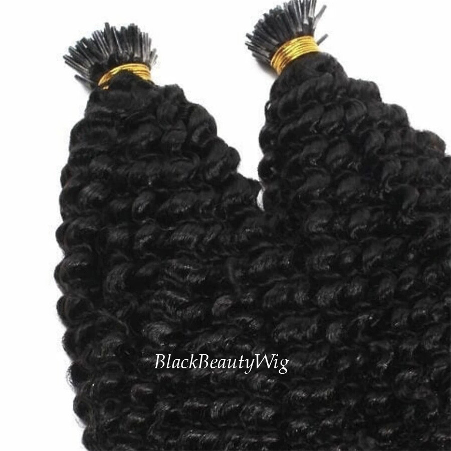 Long Kinky Curly I Tip Human Hair Extension Pre Bonded Microlink Hair 100pcs