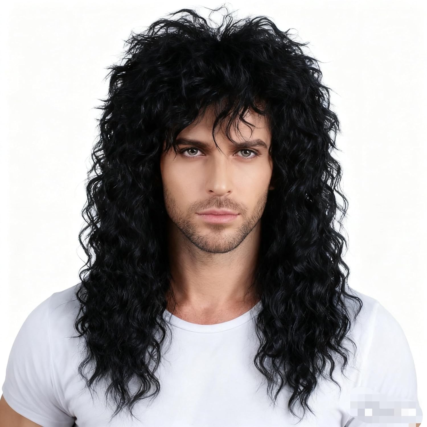 Men’s 80s Black Mullet Wigs Punk Heavy Metal Long Curly Rocker Male Hair Wig USA