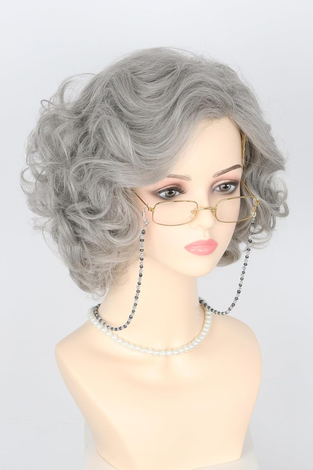 Old Lady Wig for Women – Short Curly Silver Gray Granny Wig and Accessories