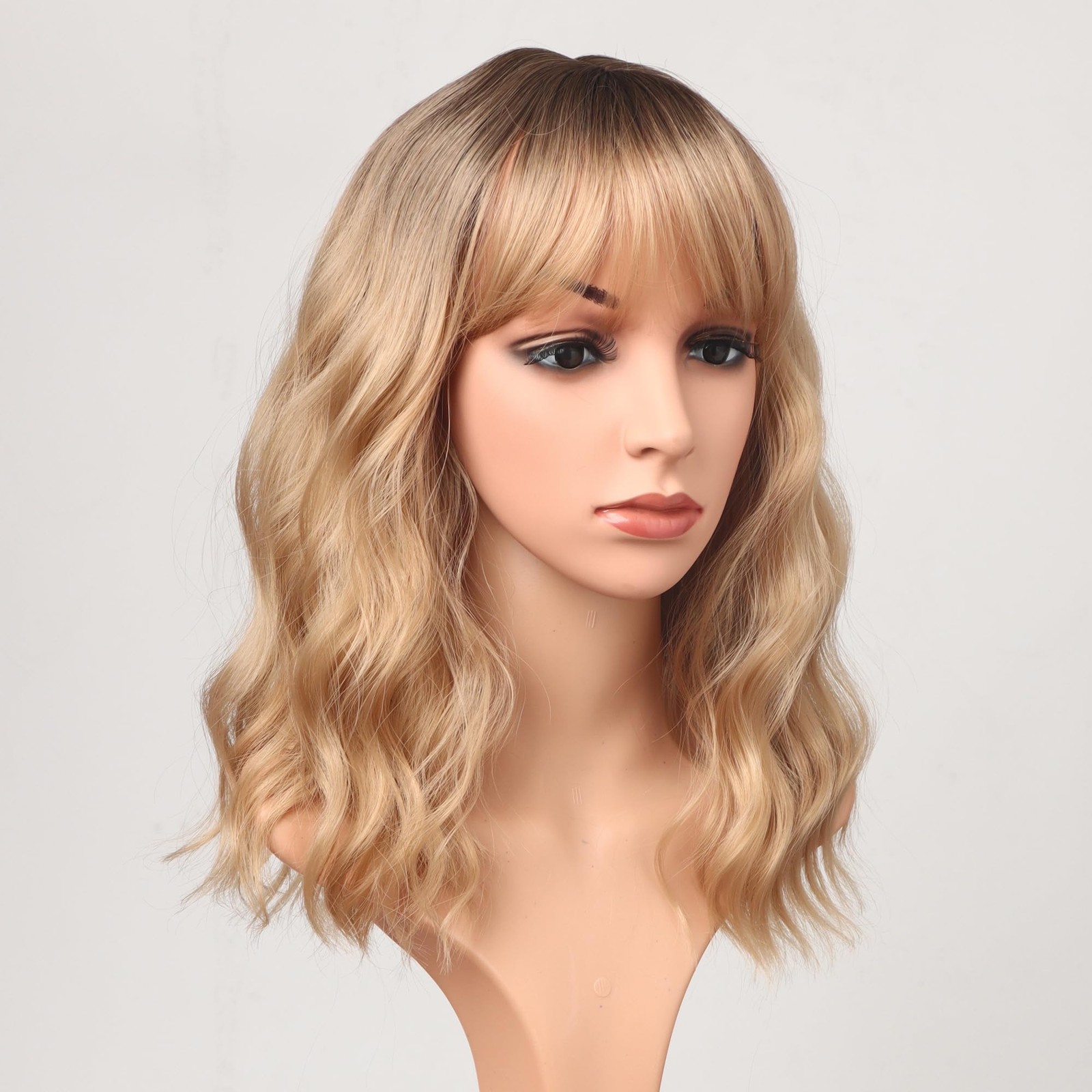 Blonde Wavy Wig with Bangs for Women Shoulder Length Synthetic Wigs Natural W…
