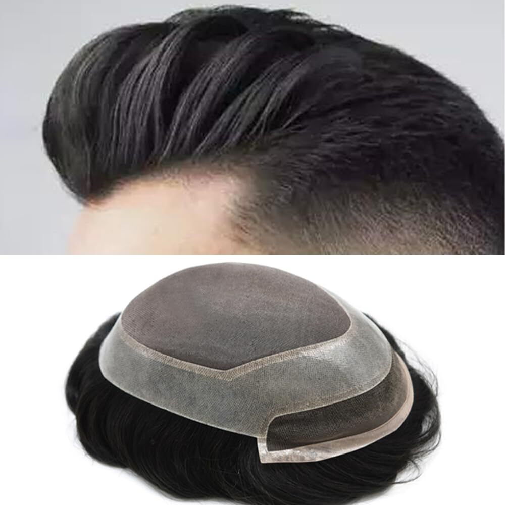 Mens Toupee Human Hair Replacement System French Lace Front Hair Piece US