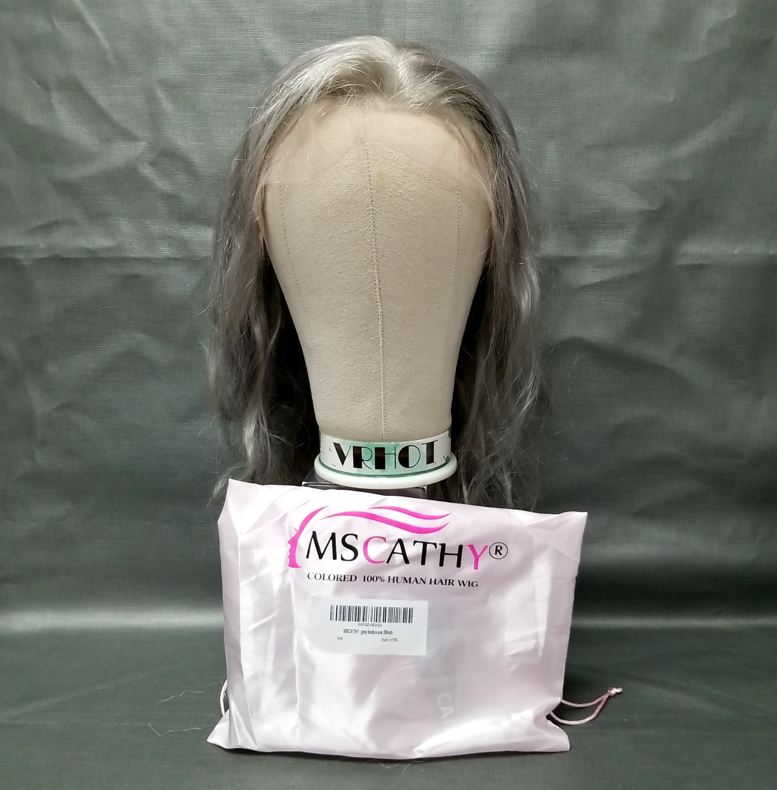 Mscathy 100% Human Hair Lace Front Wig Grey Body Waves 20″ w/Bag + Cap