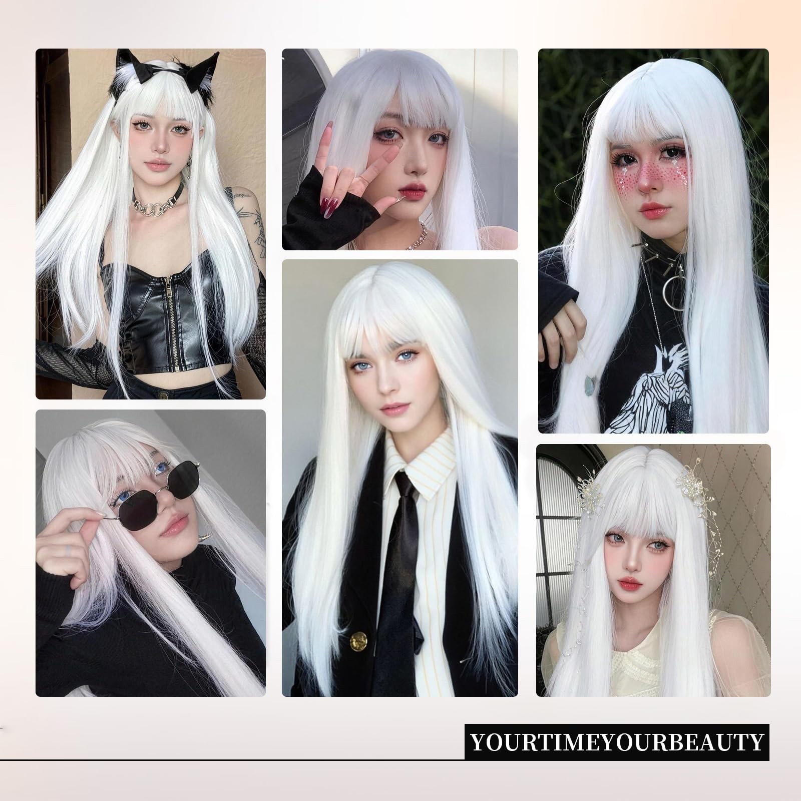 White Long Straight Wig for Women with Bangs Synthetic Hair Natural Looking H…