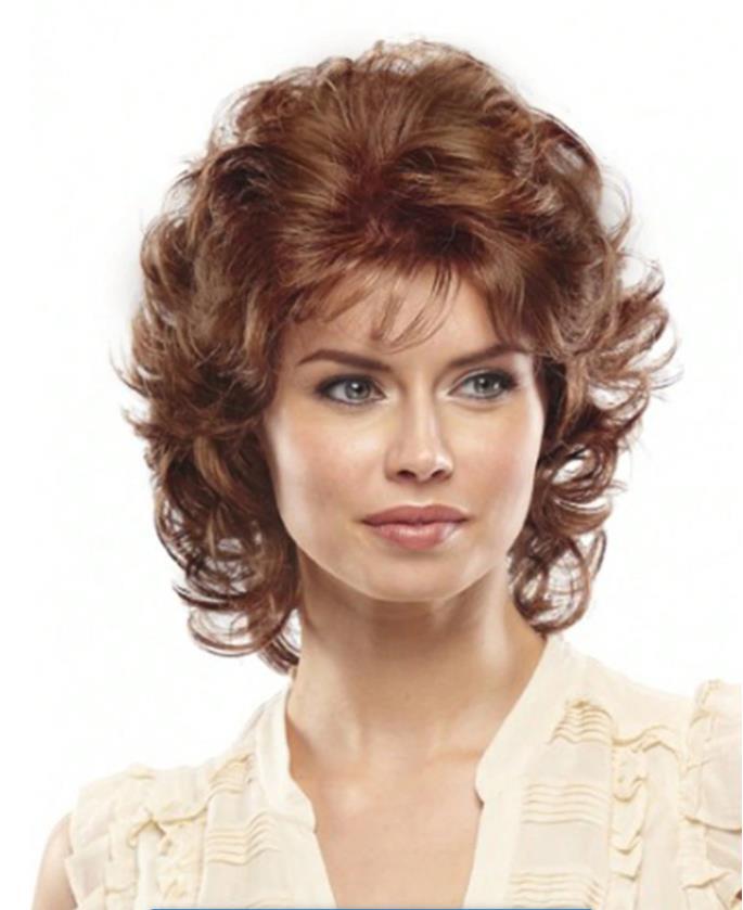 Women’s Short Curly Brown Synthetic Hair Wig Bangs Suitable For Everyday Wear