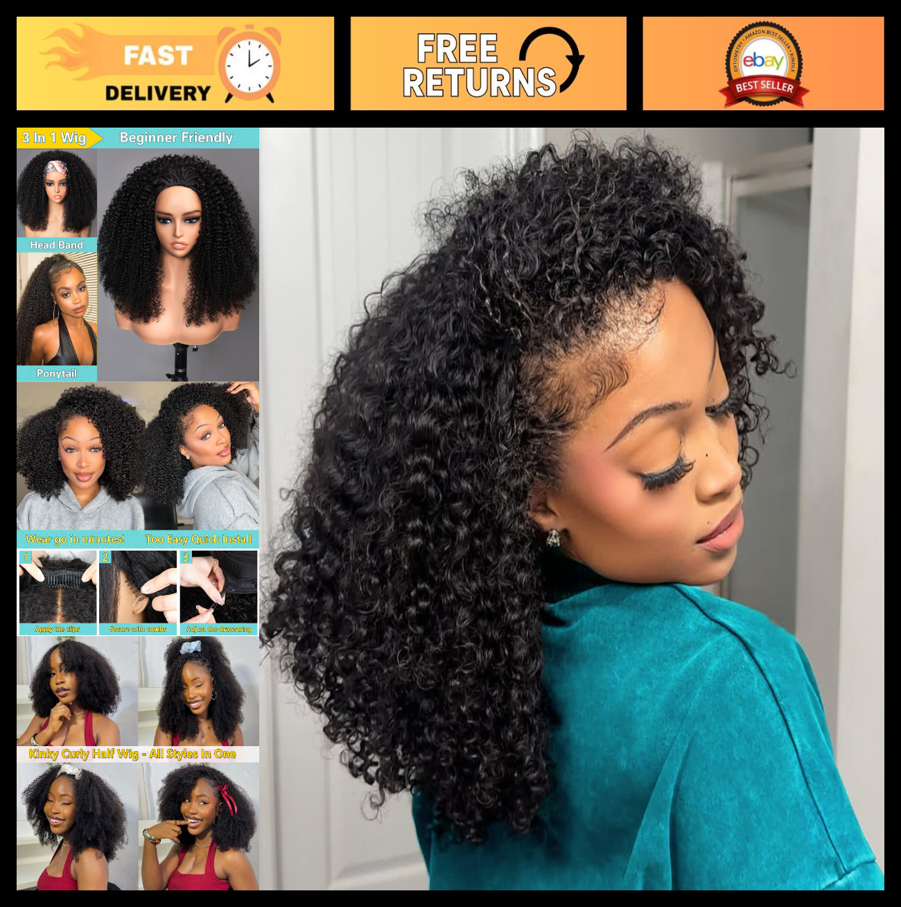 Kinky Curly 18″ Half Wig – 200 Density Drawstring Seamless Glueless Wig for Wome