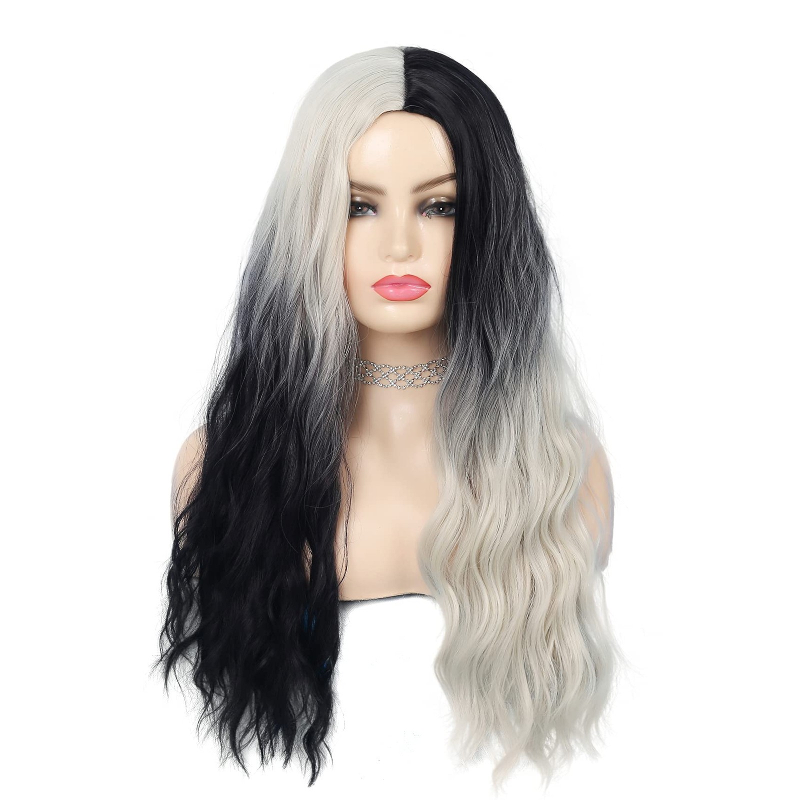 Black and White Curly Wigs for Women Long Wave Ombre Synthetic Hair Natural S…