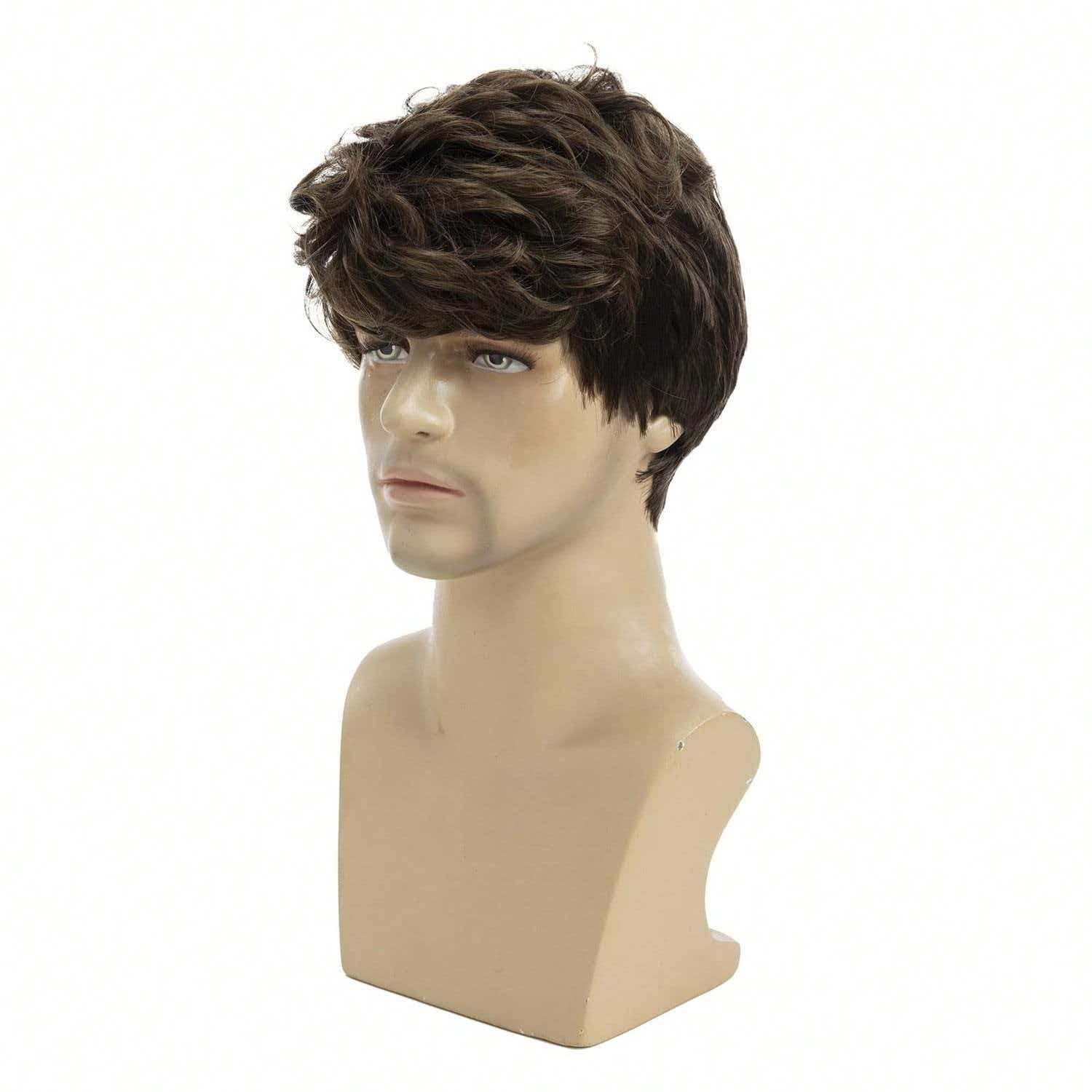 Men’s 8in Short Dark Brown Wig Full Cosplay Synthetic Heat Resistant Daily Party