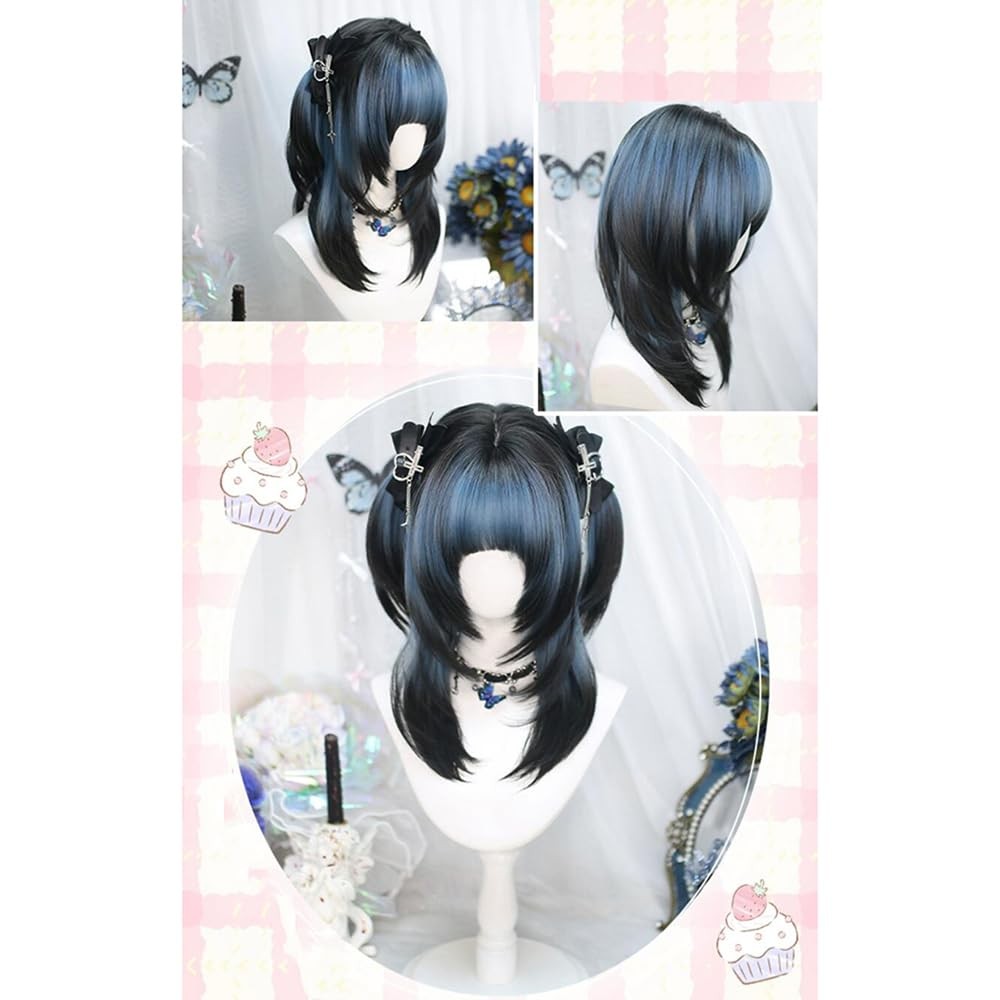 Black Blue Gradient Jellyfish Head Hairpiece Ombre Long Hair with Bangs Kawai…