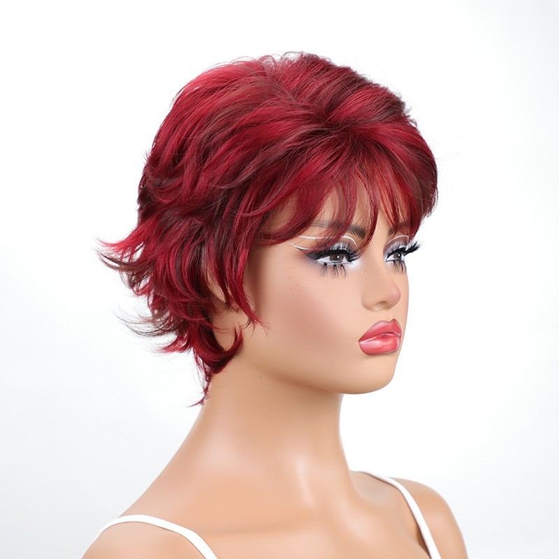 Wine Red Wig Short Layered Pixie Cut Hair Wigs For Women Synthetic Cosplay Wig