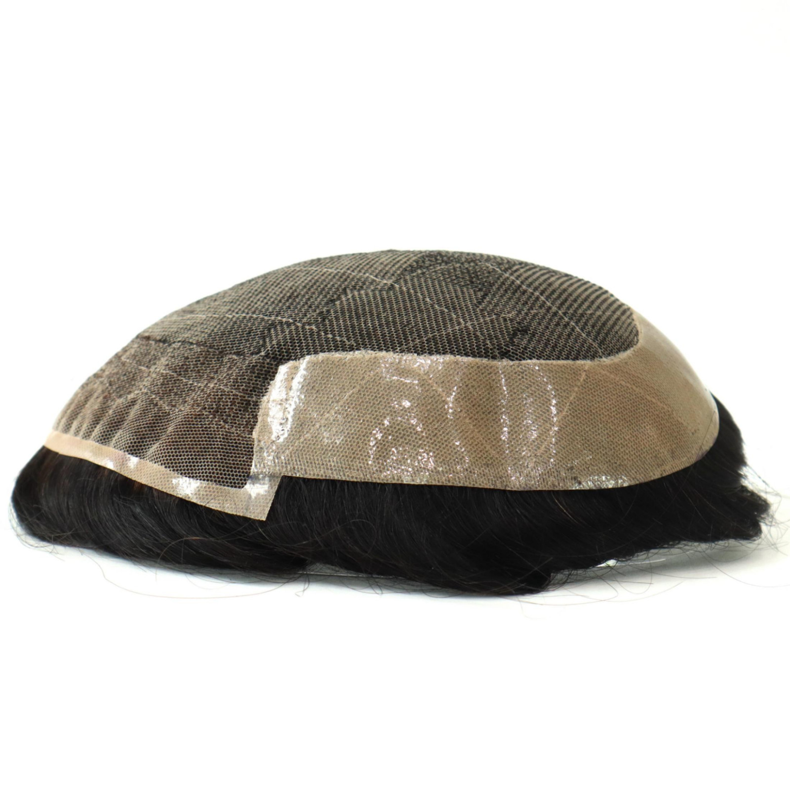 Natural Mens Toupee Human Hair Replacement System 法国花边皮肤发饰 #1B-