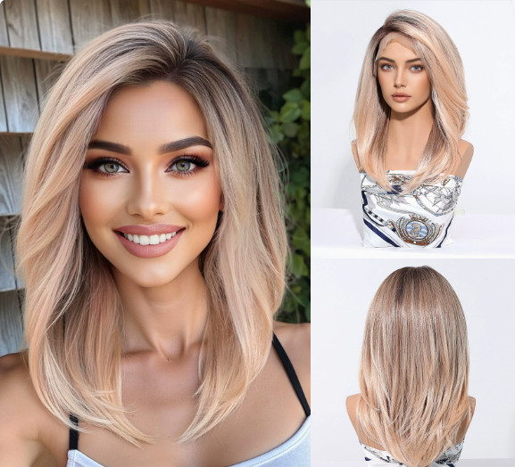 Medium Bob Rooted Blonde Pink Mix Mono Lace Front Cap Synthetic Hair Wigs Women