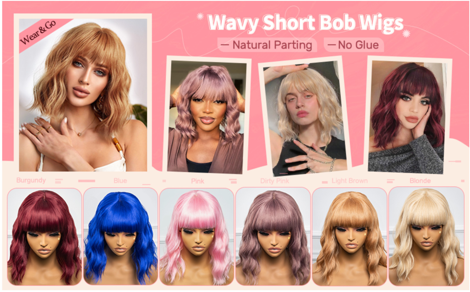 Short Wavy Bob Wigs With Bangs – 12 Inch Synthetic Wigs Blonde Glueless Bob Wigs