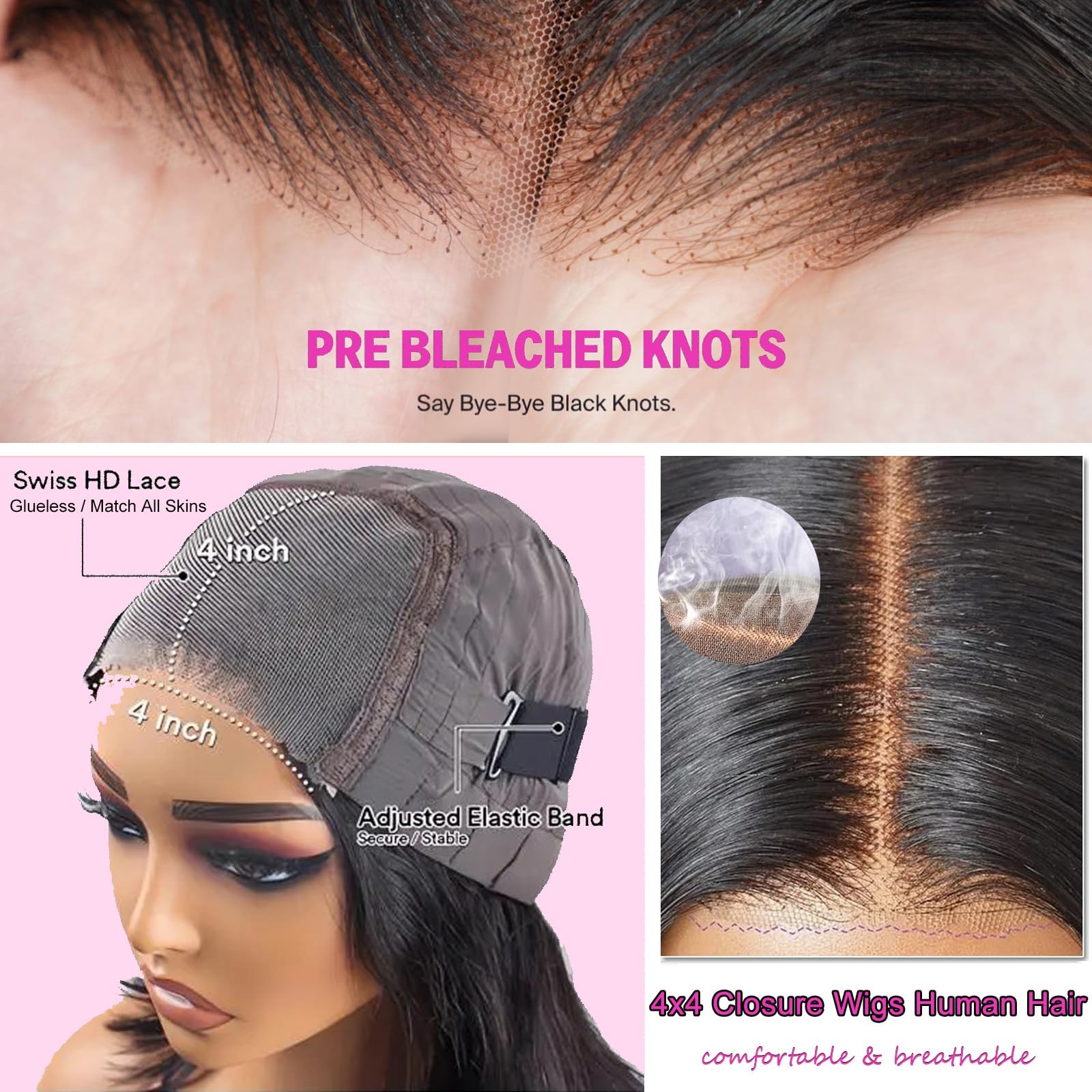 Uwlk Wear And Go Body Wave Closure Wigs Human Hair Pre Plucked 180 Density 4X4
