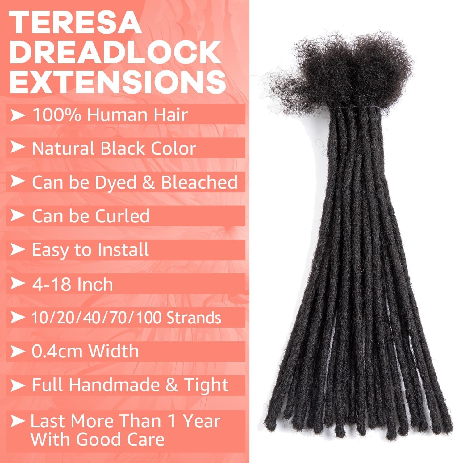 Teresa 0.4/0.8cm 100% Human Hair Dreadlock Extensions 10in, 20 Strands