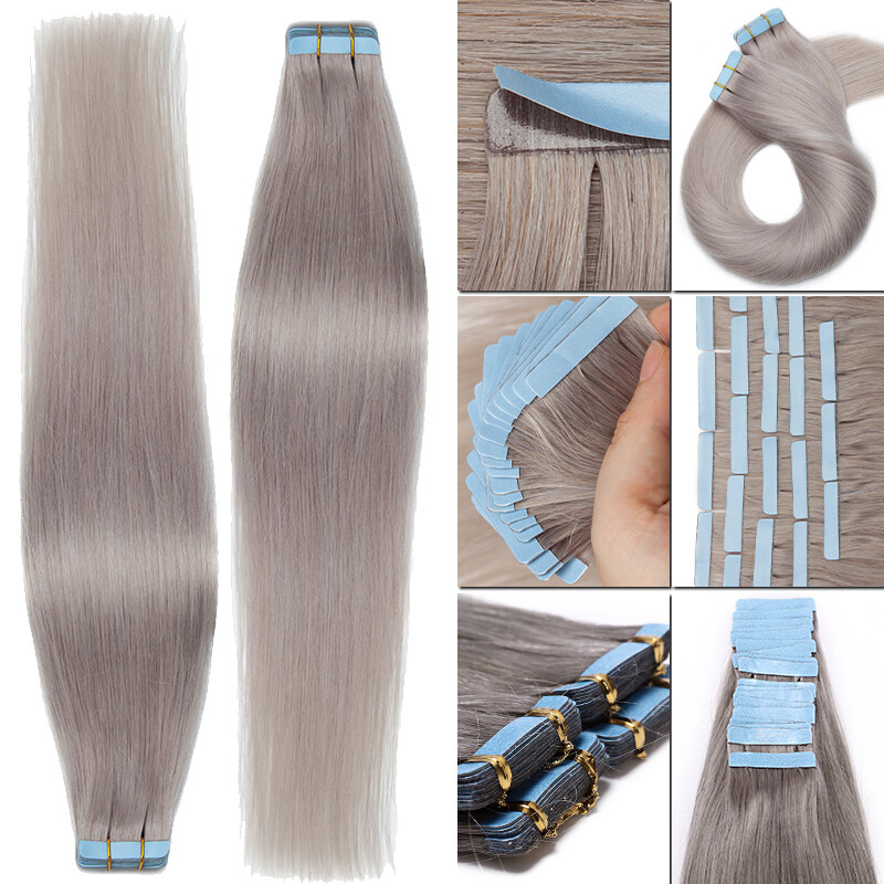 Super Thick Glue GREY Tape In 100% Real Human Hair Extension Skin Weft Full Head