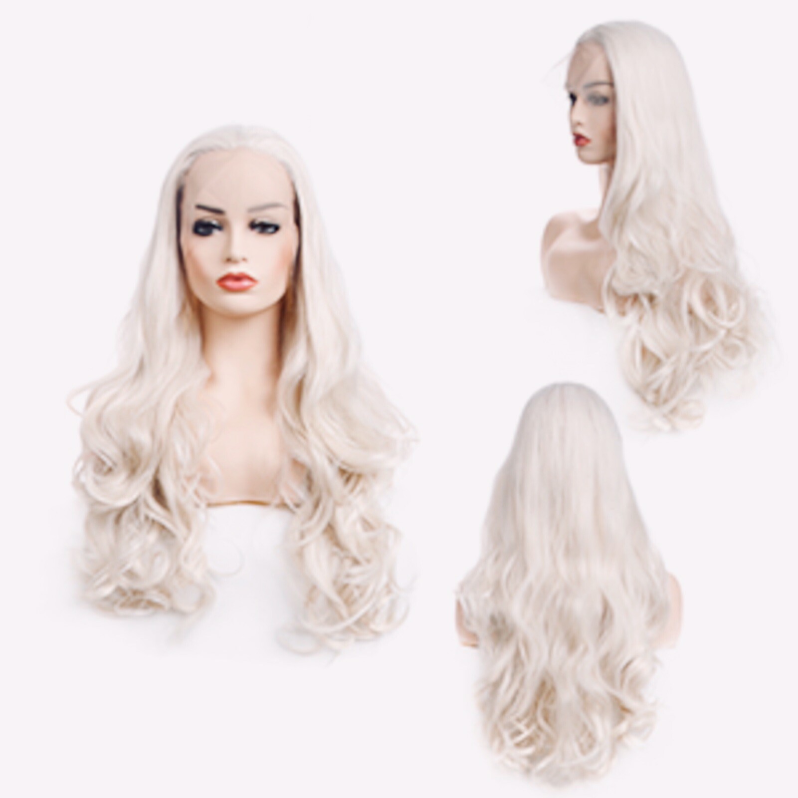 Morvally Wavy Lace Front Synthetic Wig Free Part 60# Platinum White 24″ Long NEW