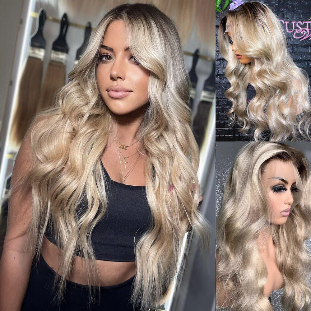 Dark Brown Ombre Ash Blonde 13×4 Lace Front Human Hair Wigs for Women Body Wave