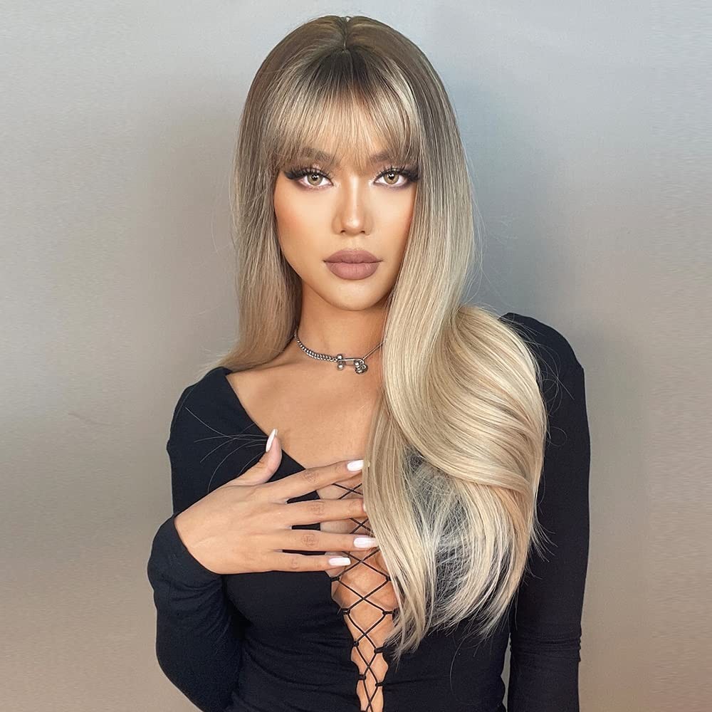 Long Wave Blonde Wig with Bangs,Ombre Blonde Wigs for Women Heat Resistant Fi…