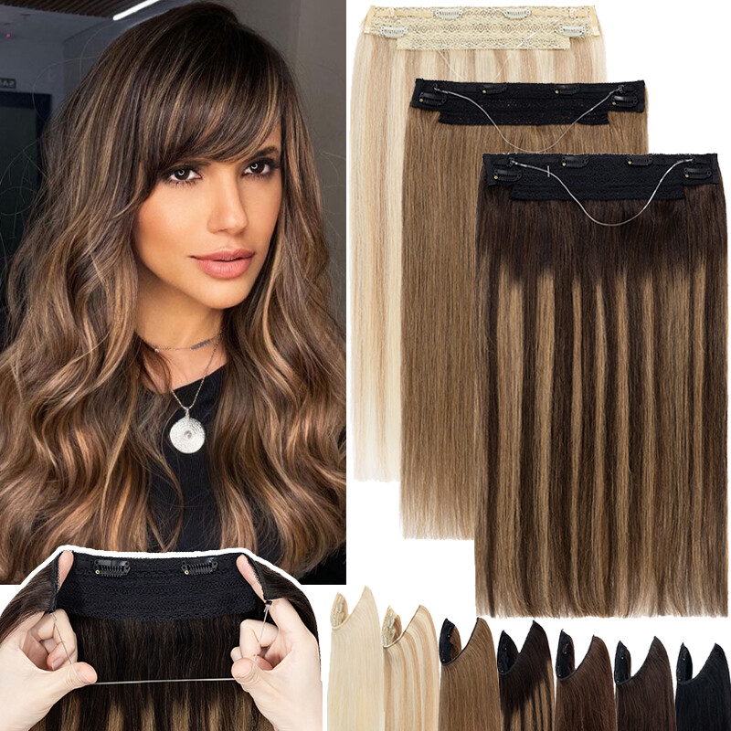 Clip/Wire in Remy Human Hair Extensions Invisible Ring Head Band One Piece US