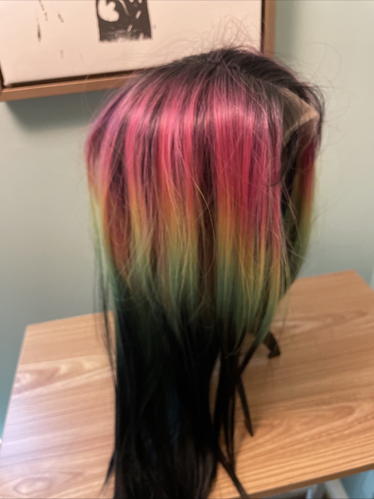 Straight Black Synthetic Lace front deep Part Wig With Rainbow Ombré
