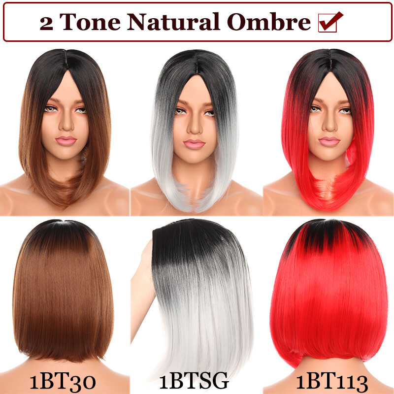 Full Synthetic Ombre Gray Brown Hair Straight Women Wigs with Rose net 12″ Long