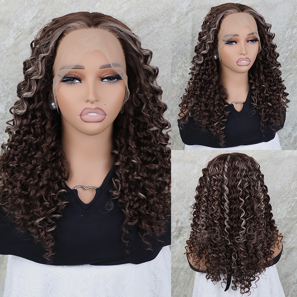 Highlight Blonde Brown Curly Hair Lace Front Wigs Synthetic Pre Plucked Glueless