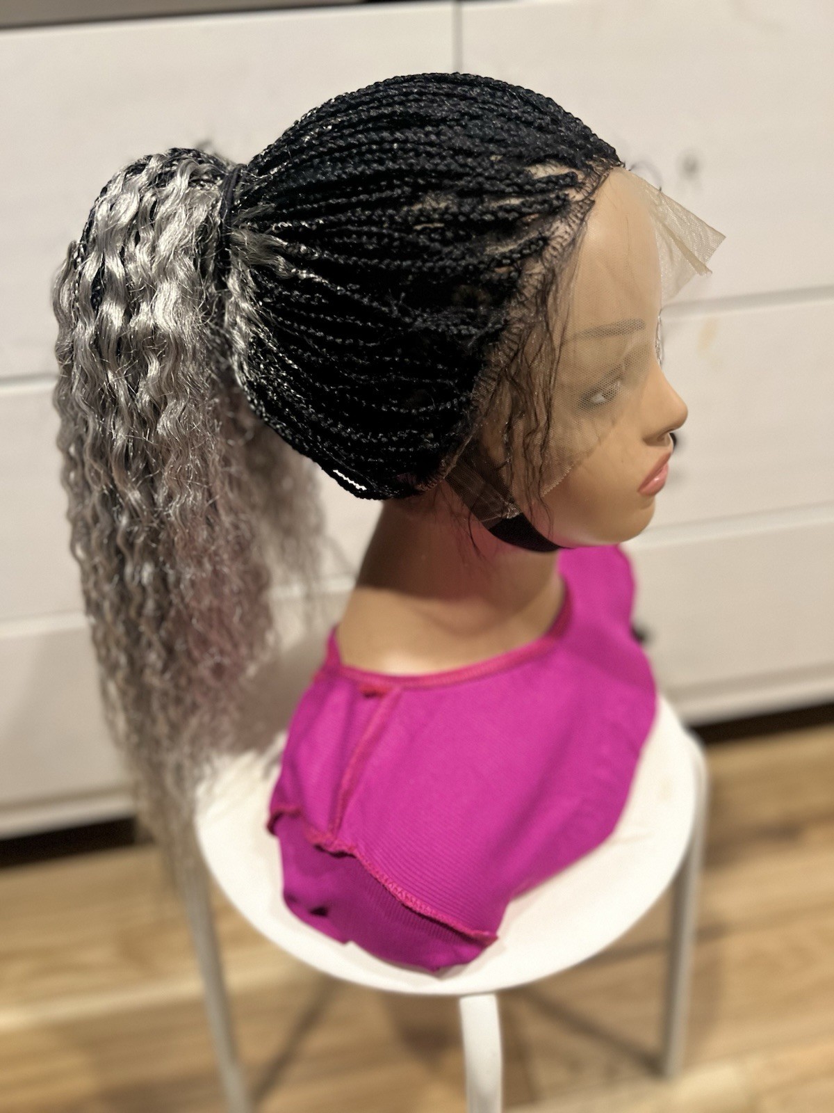Braided water wave wig made on a full lace wig.length is 24” Black & Gray Wig