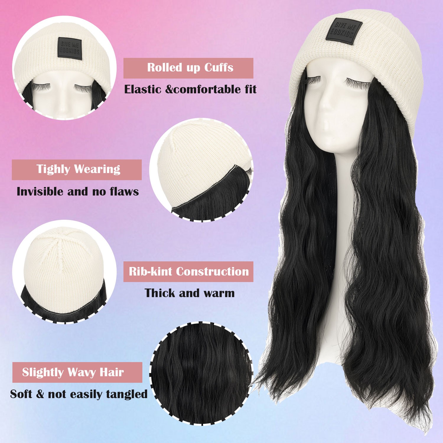 Winter Synthetic Women Long Wavy Beanie Knitted Hat Wig with Synthetic Hair Wigs
