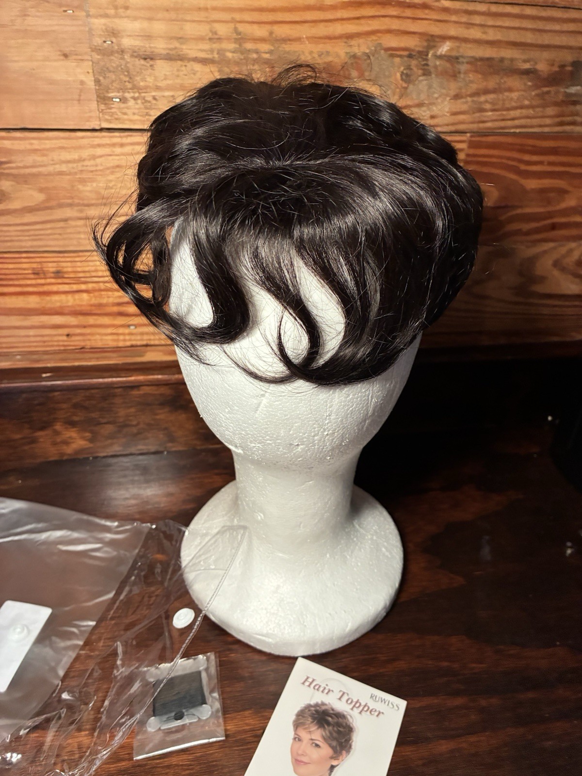 Short Curly Human Hair Topper Wiglet Pixie Cut, Clip In, Natural Black, 5×5.5”