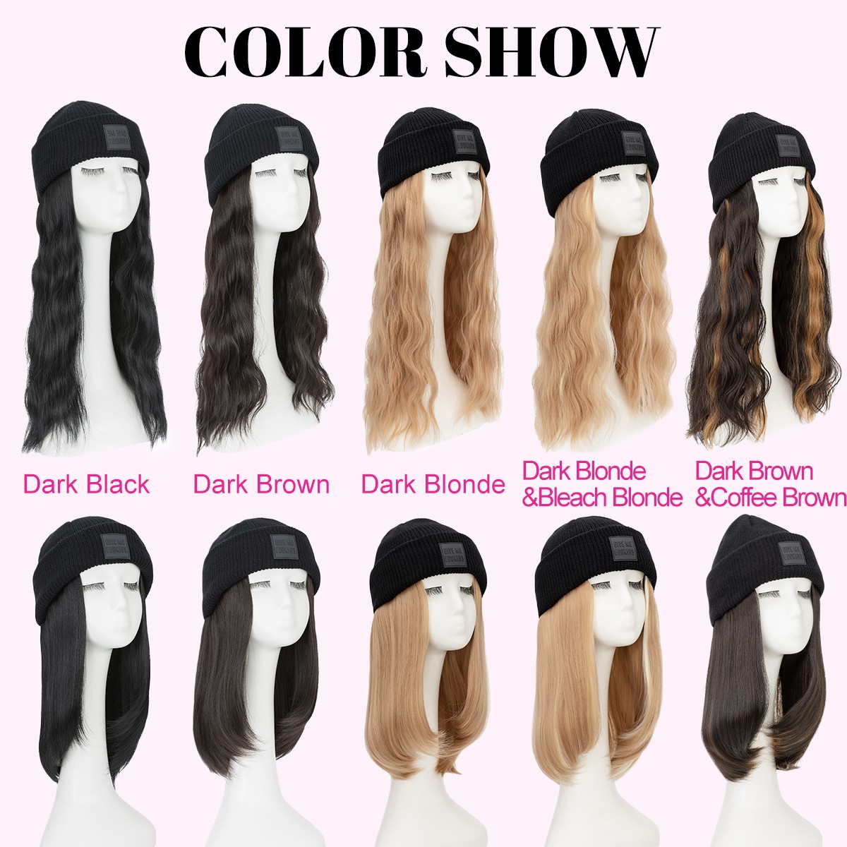 Beanie Hat Wig with 8/11/16/18″ Synthetic Straight&Curly Wavy Hair Knitted Cap
