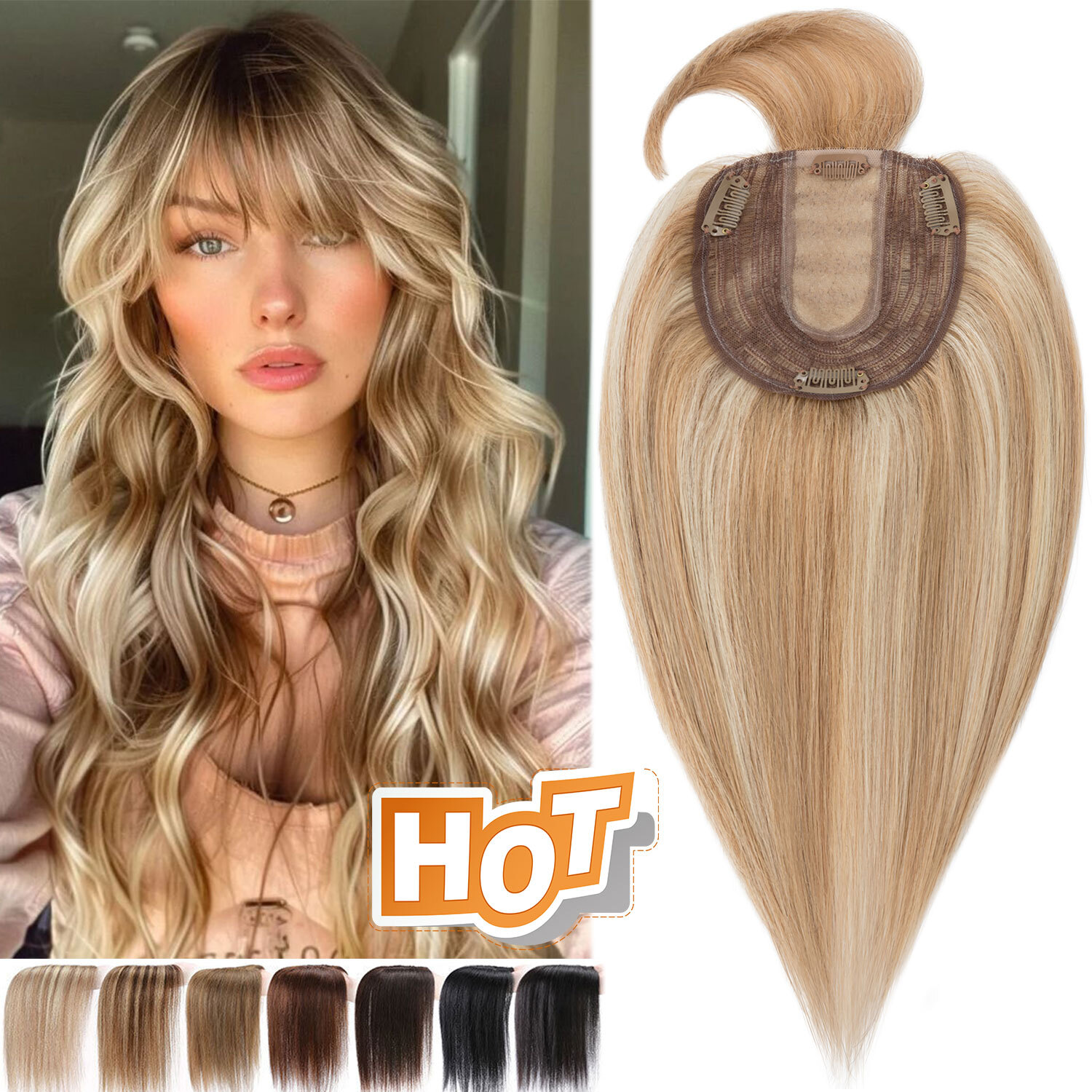 100% Remy Human Hair Women Topper Toupee Clip in Hairpiece Top Wiglet With Bangs
